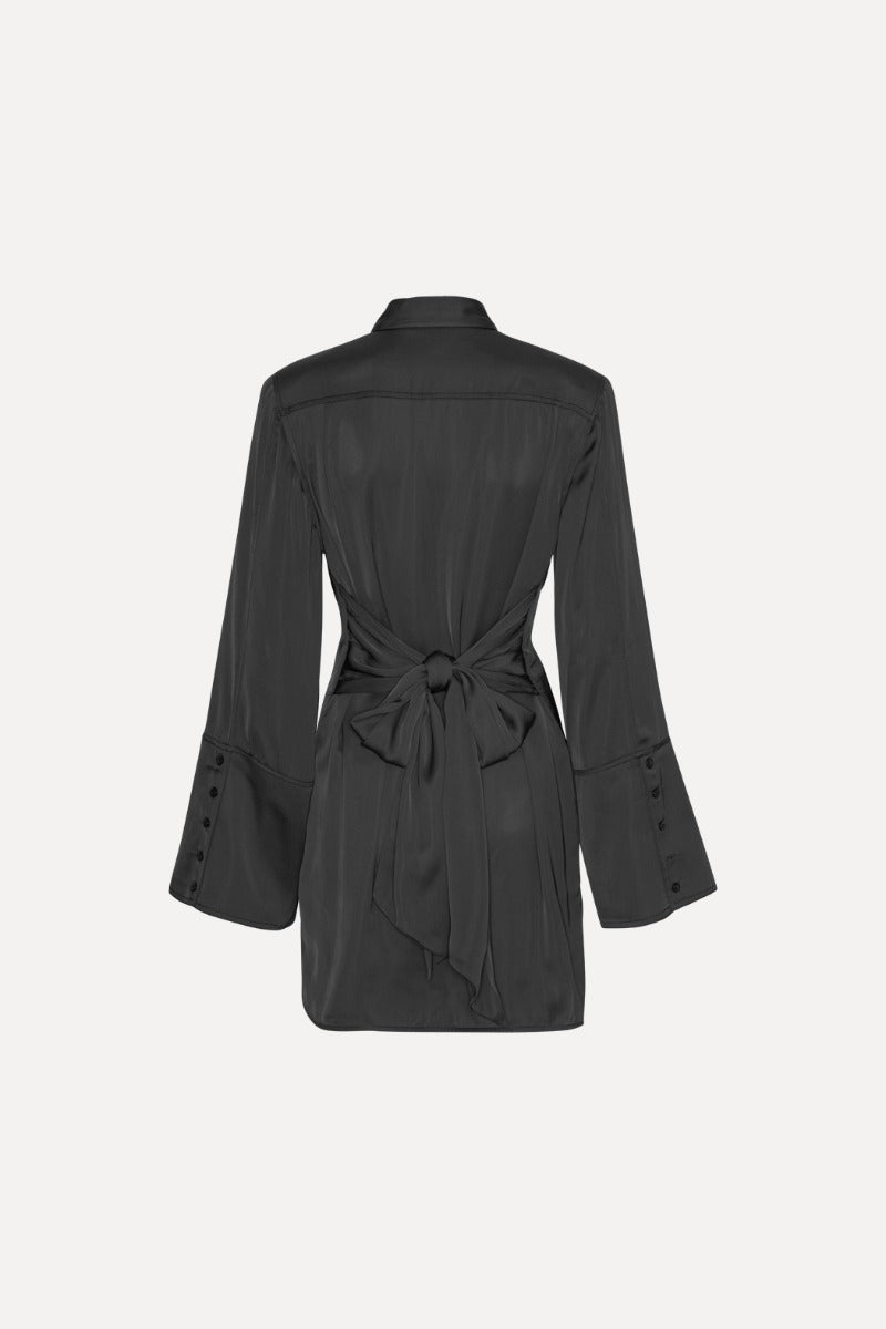 ROTATE SATIN TIE SHIRT DRESS - BLACK