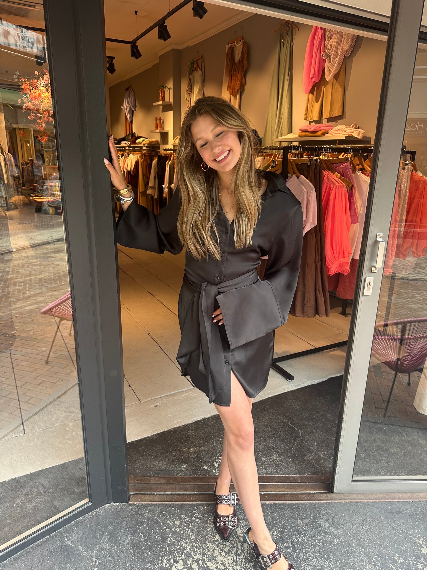 ROTATE SATIN TIE SHIRT DRESS - BLACK