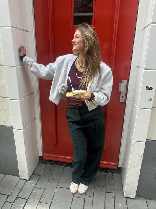 ROTATE KNIT PUFF SLEEVE CARDIGAN - LIGHT GREY