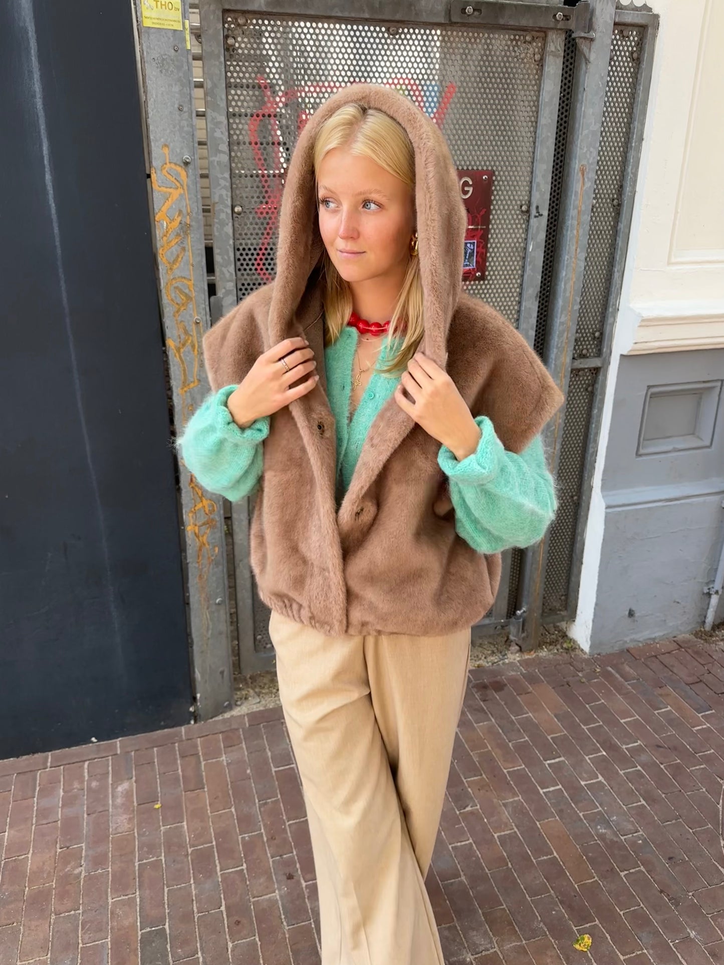 STUDIO AR OLENA FAUX MINK PONCHO - CAMEL