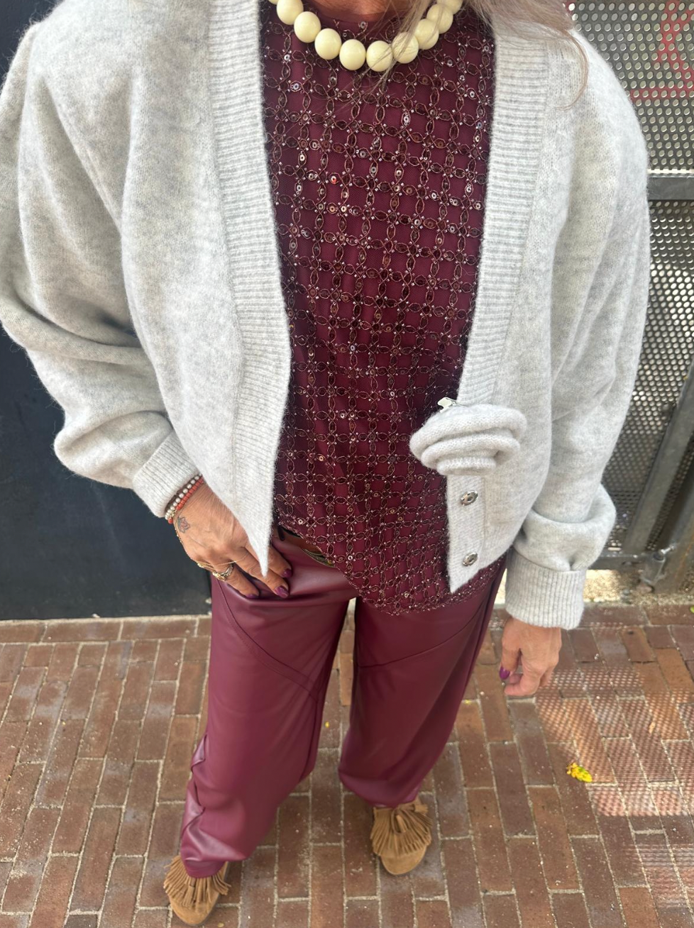 ROTATE KNIT PUFF SLEEVE CARDIGAN - LIGHT GREY