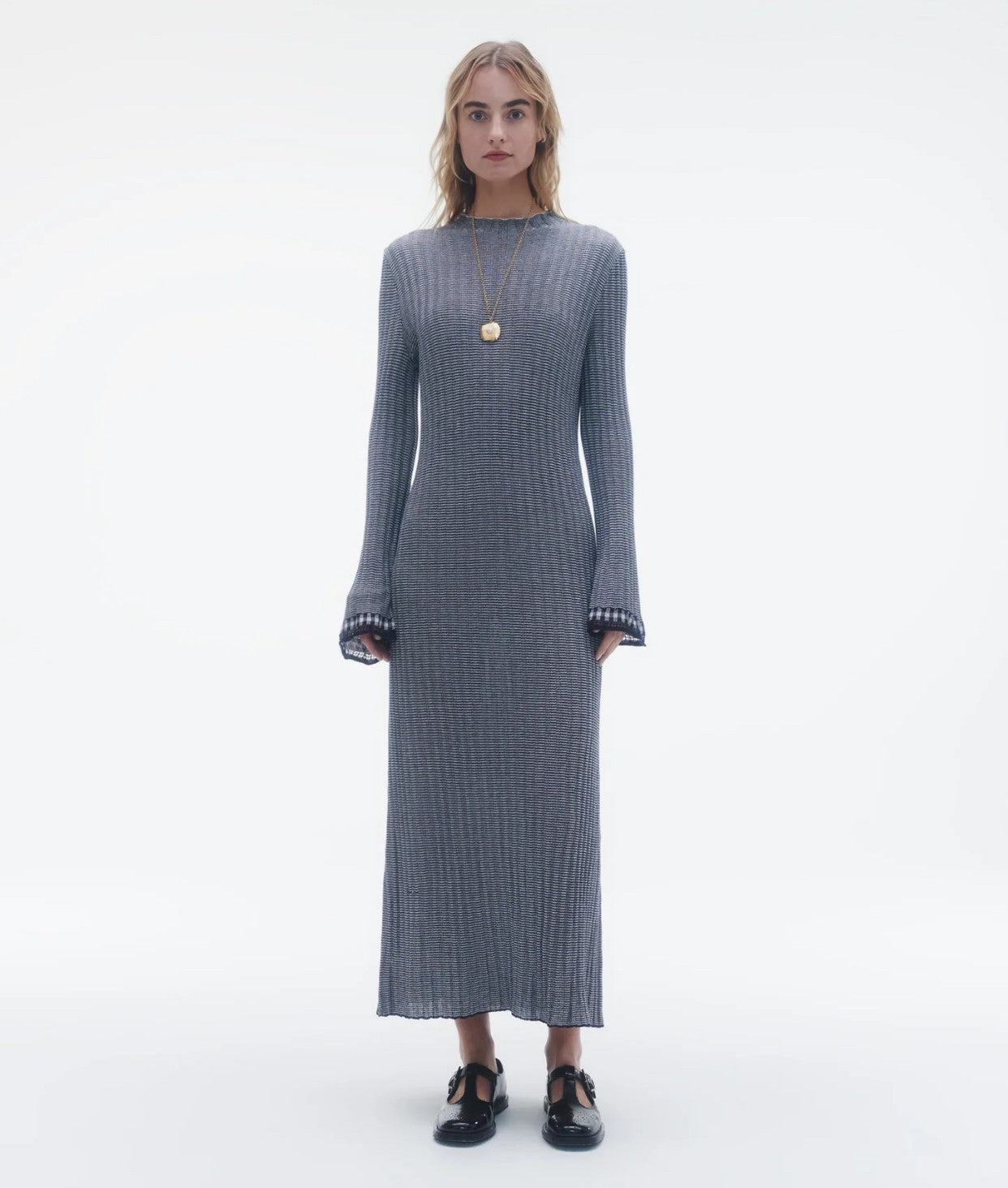 GUEST IN RESIDENCE FINESTRIPE MOCKNECK DRESS /JURK - MIDNIGHT CREAM