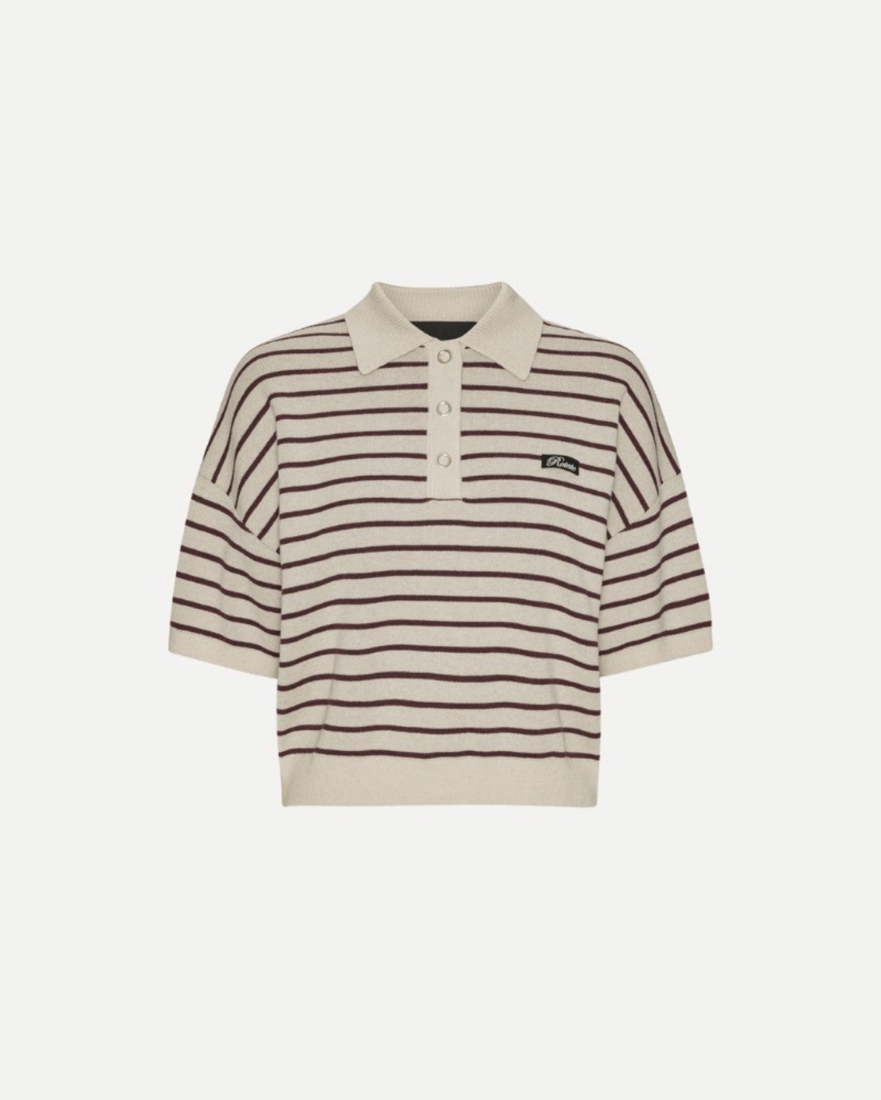 ROTATE SLINKY KNIT POLO - STRIPED BEIGE