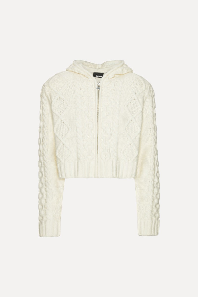 ROTATE KNIT CABLE ZIP CARDIGAN WHITE