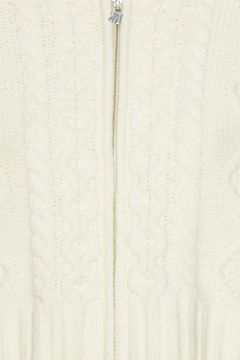 ROTATE KNIT CABLE ZIP CARDIGAN WHITE