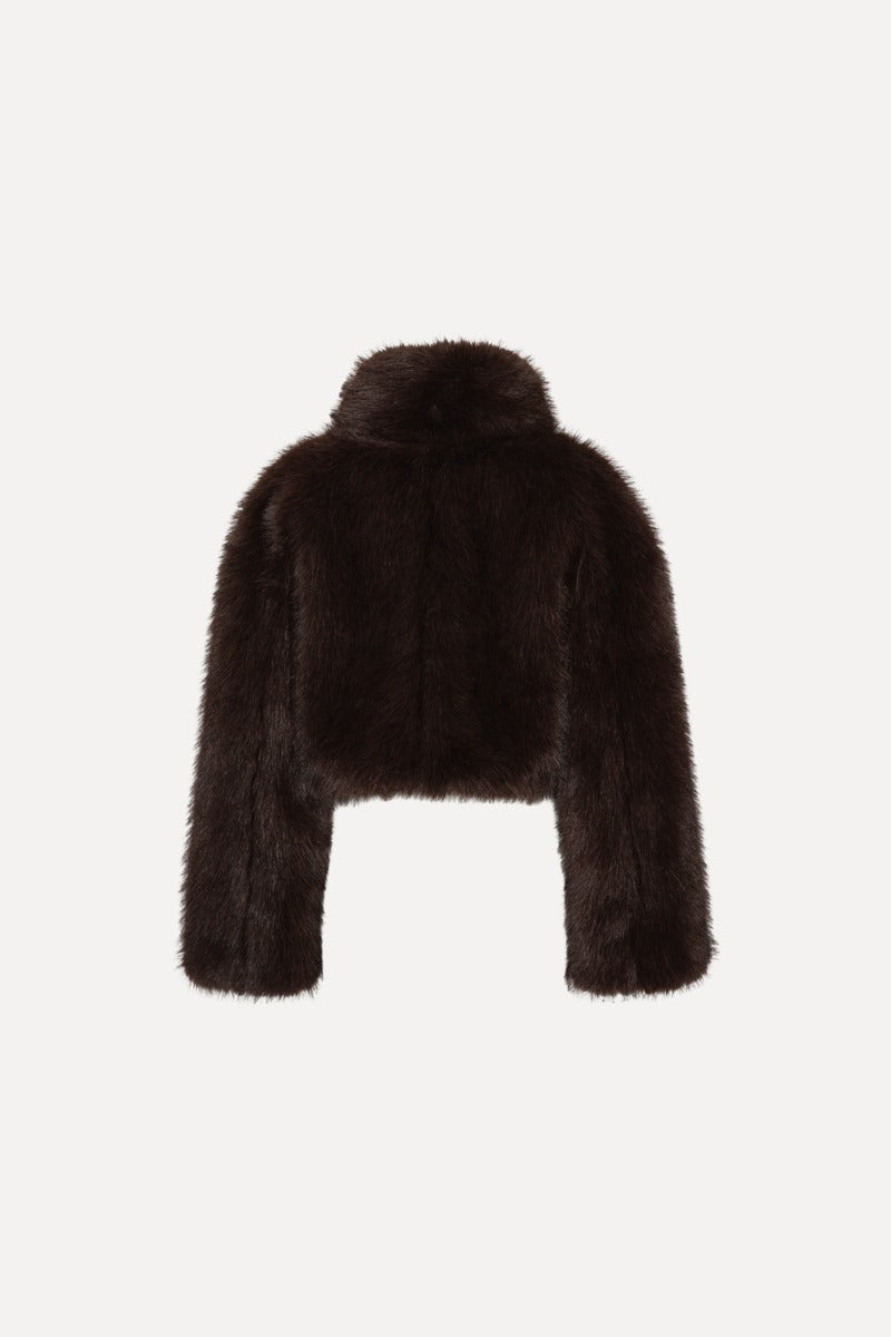 ROTATE FAUX FUR CROPPED JACKET DARK BROWN