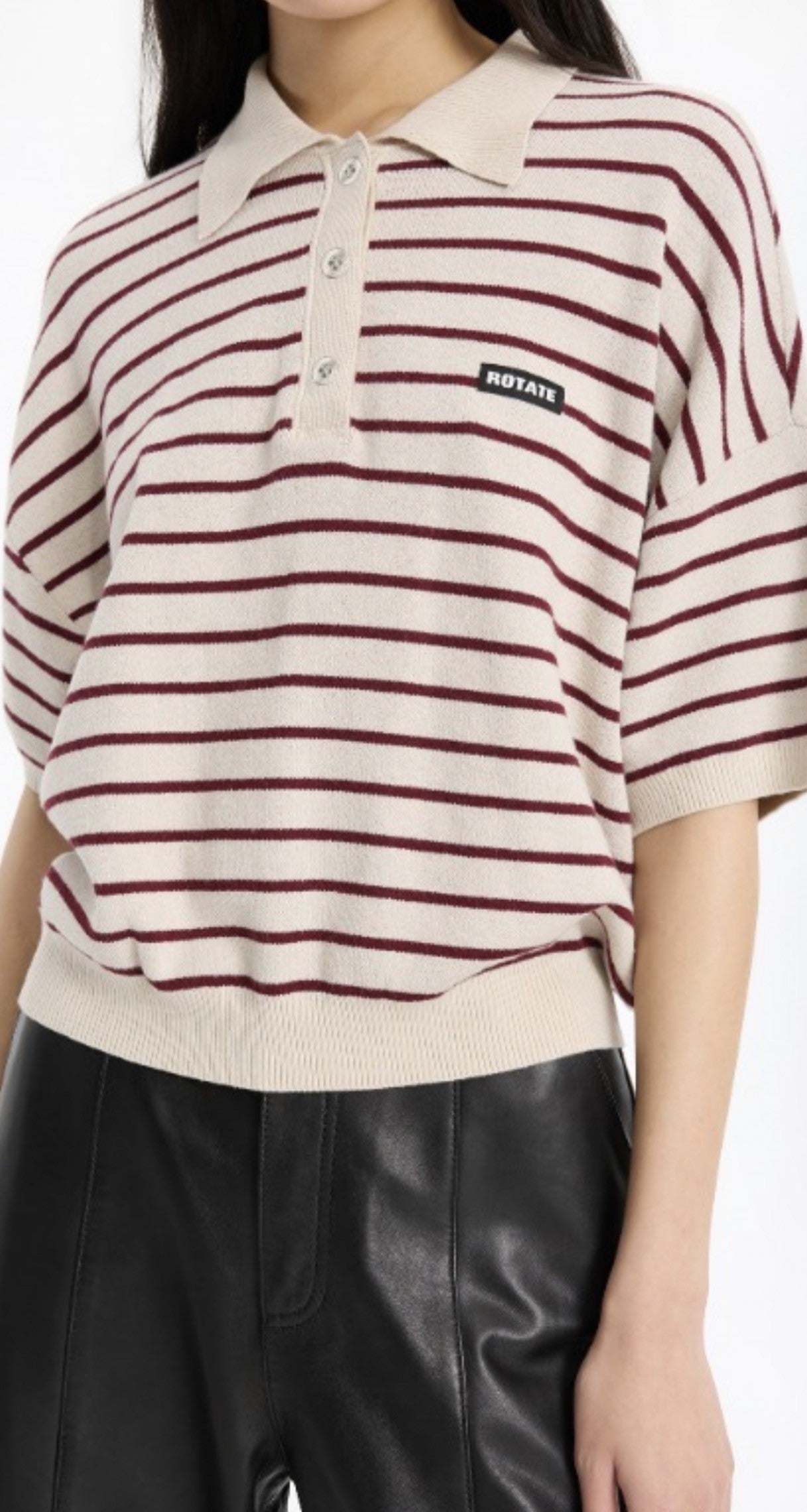 ROTATE SLINKY KNIT POLO - STRIPED BEIGE