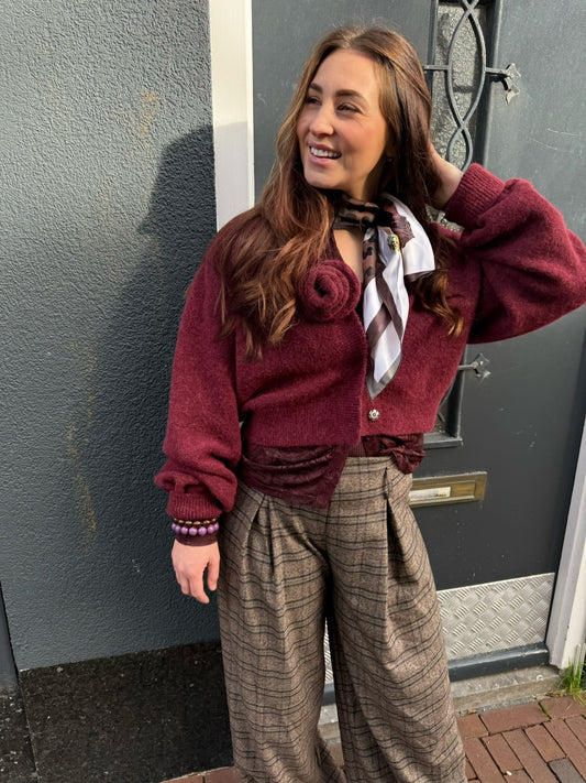 ROTATE KNIT PUFF SLEEVE CARDIGAN - BORDEAUX