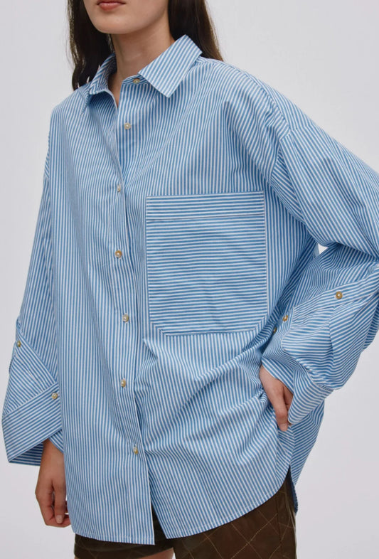 RABENS SALONER BOBBIES QUILT STRIPE OVERZIZED SHIRT- L BLUE /WHITE STRIPE
