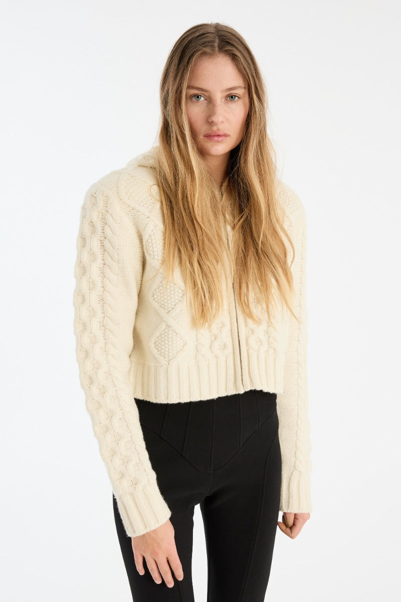 ROTATE KNIT CABLE ZIP CARDIGAN WHITE