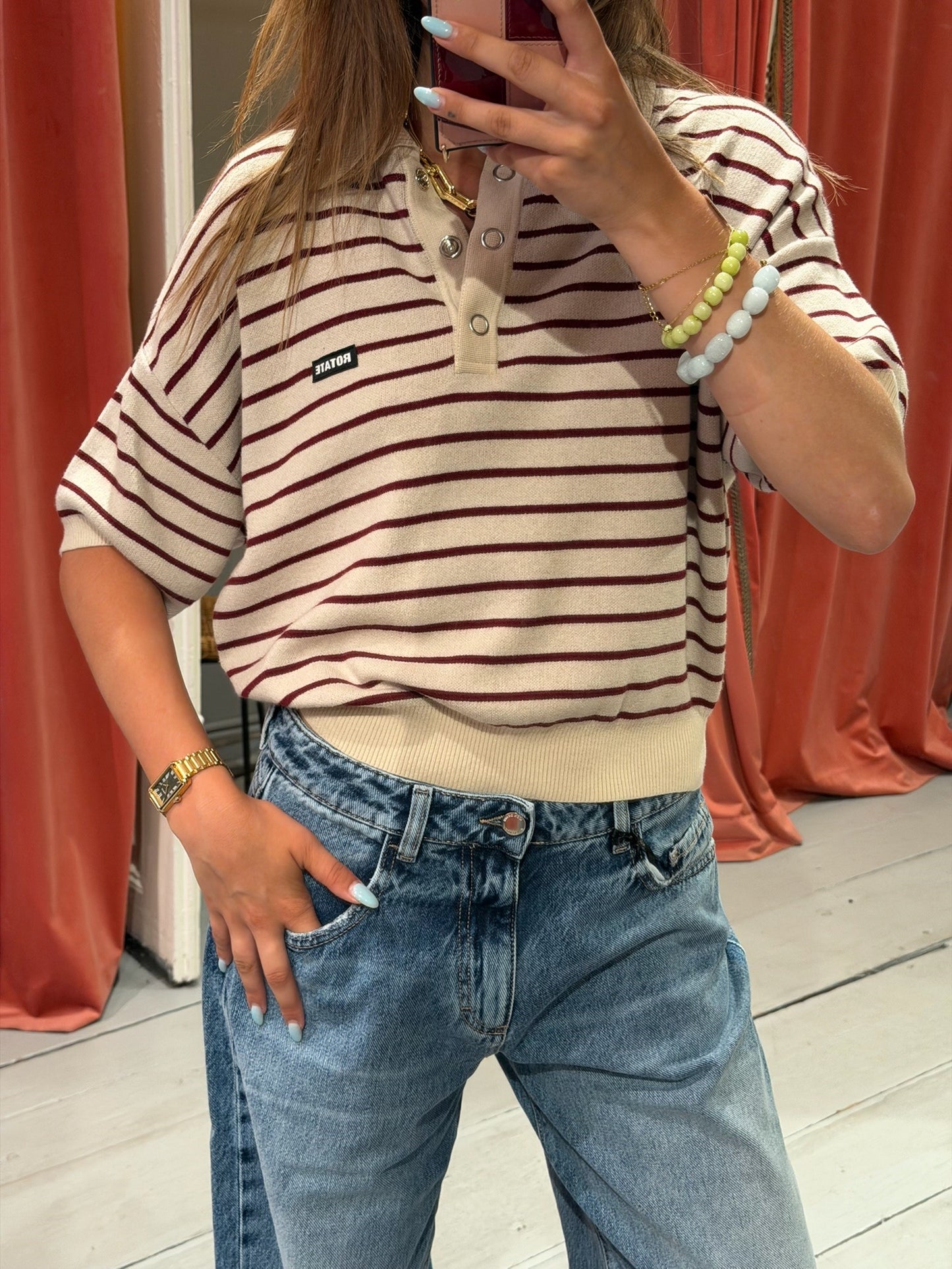 ROTATE SLINKY KNIT POLO - STRIPED BEIGE