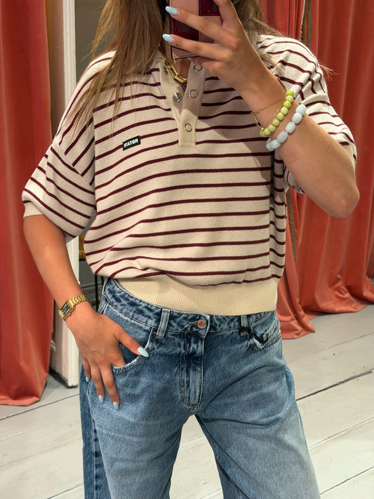 ROTATE SLINKY KNIT POLO - STRIPED BEIGE