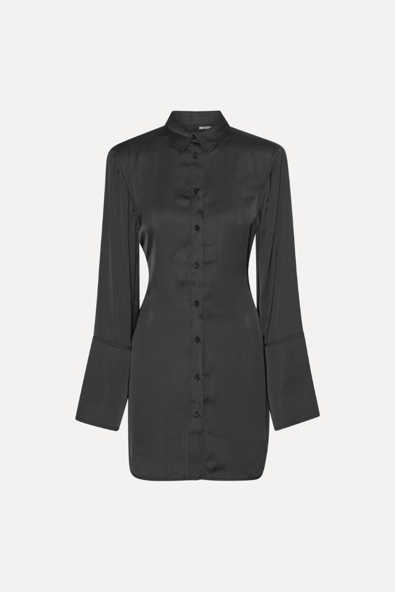 ROTATE SATIN TIE SHIRT DRESS - BLACK