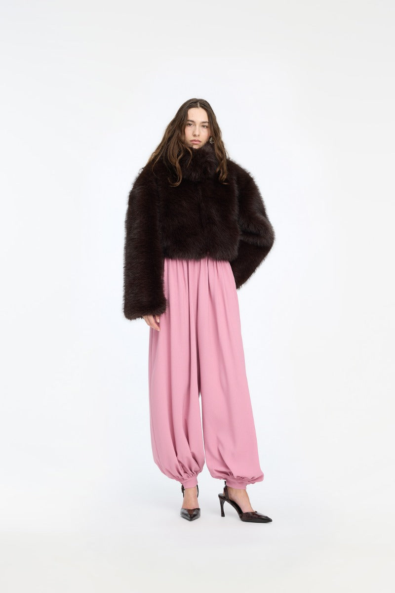 ROTATE FAUX FUR CROPPED JACKET DARK BROWN