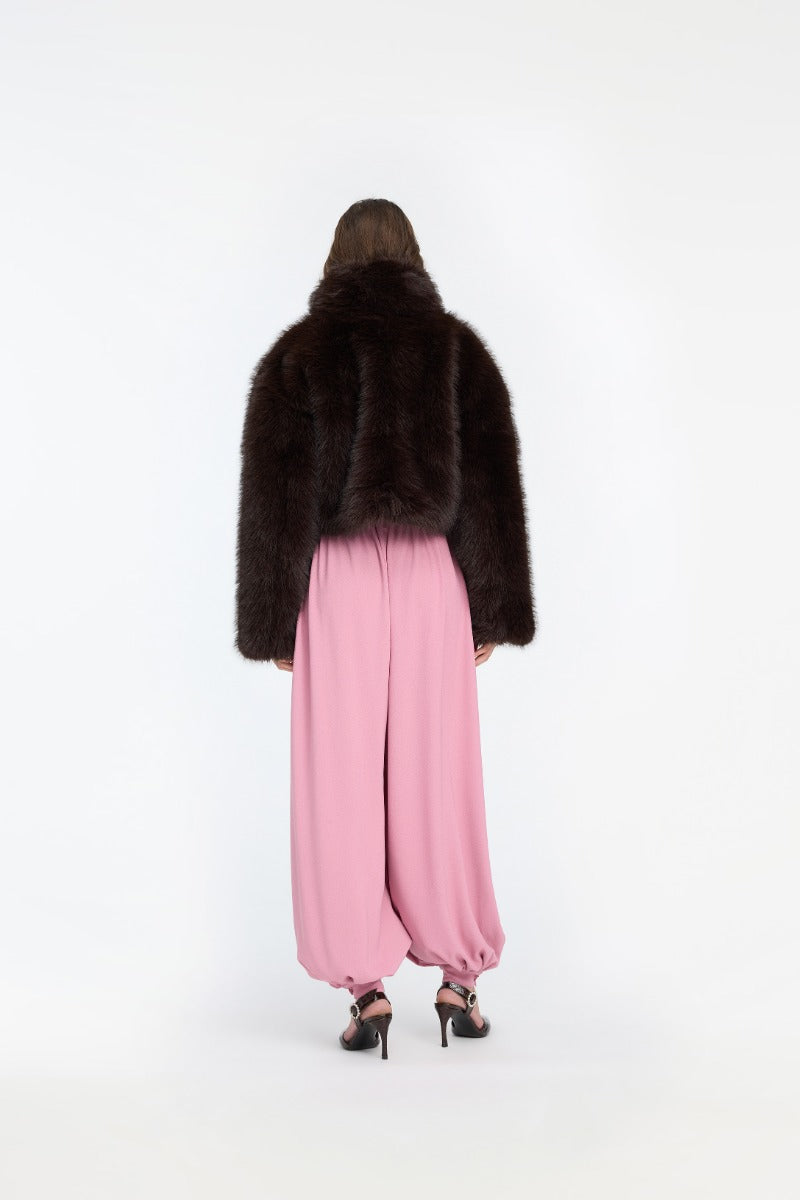 ROTATE FAUX FUR CROPPED JACKET DARK BROWN