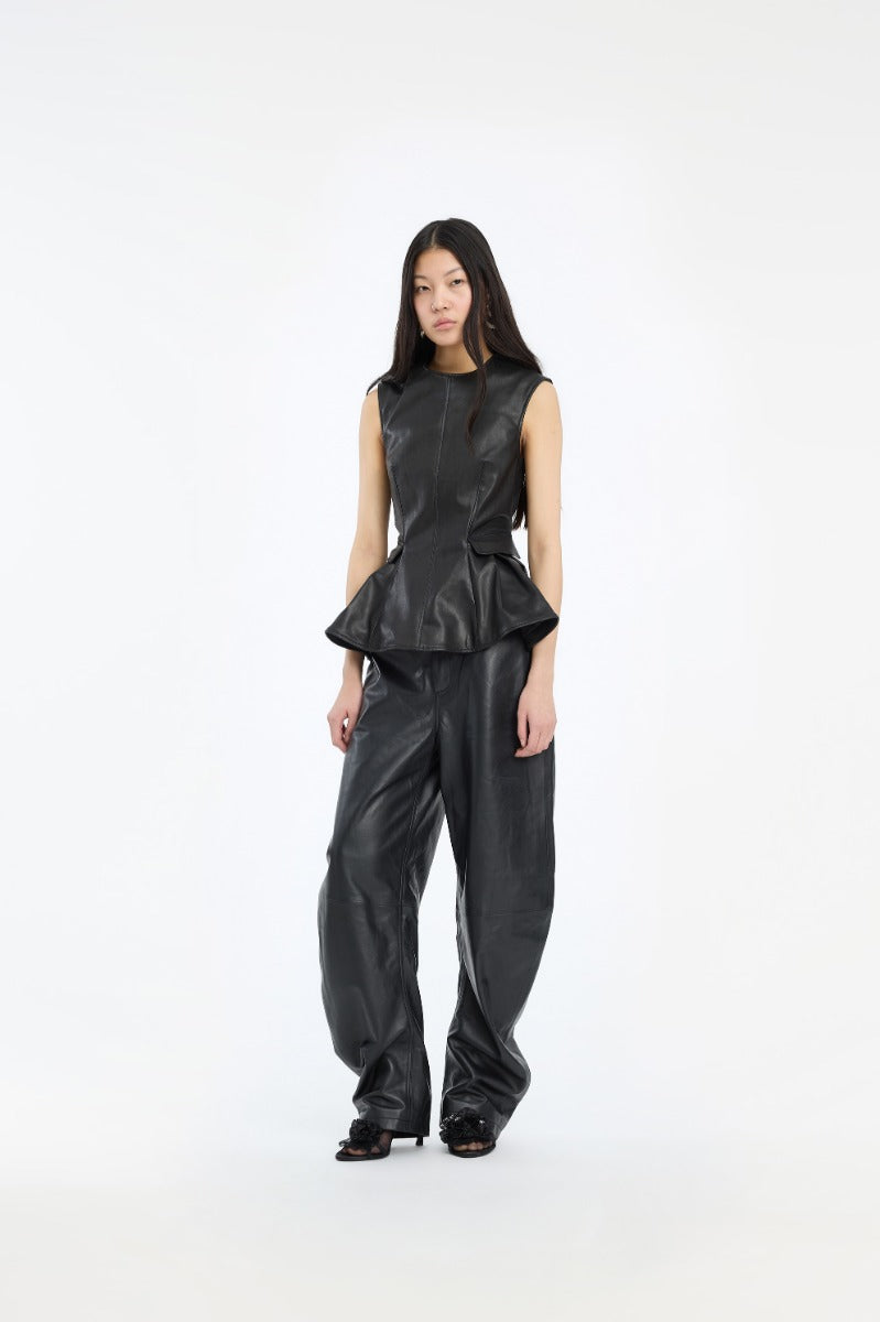 ROTATE BARREL LEG LEATHER PANTS BLACK