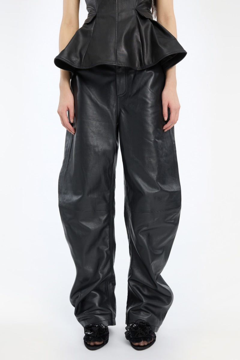 ROTATE BARREL LEG LEATHER PANTS BLACK