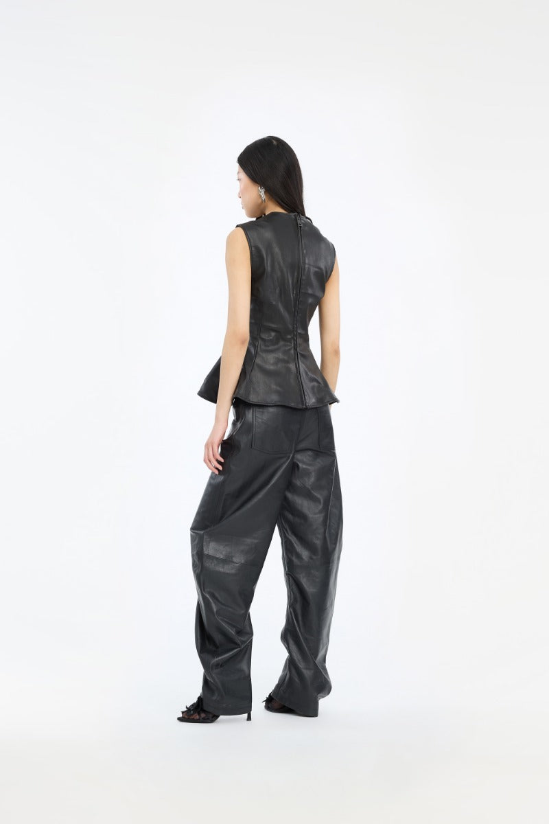 ROTATE BARREL LEG LEATHER PANTS BLACK