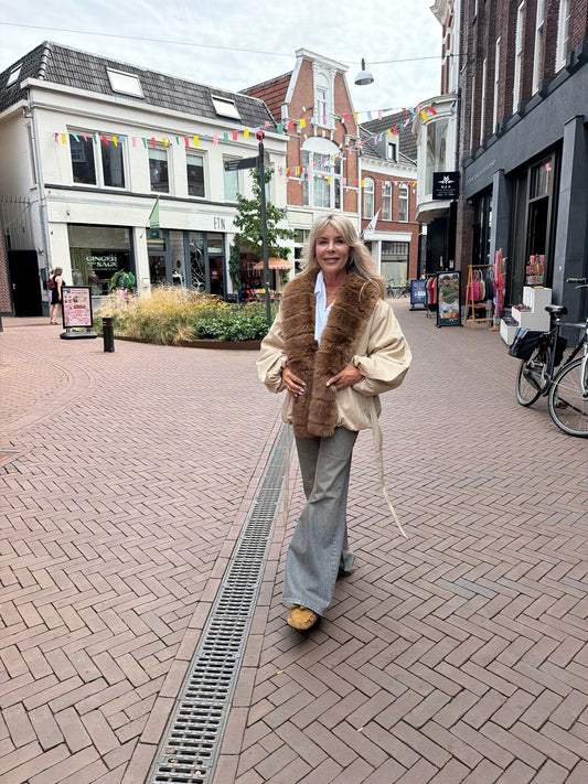 ROTATE FAUX FUR COLLAR JACKET - BEIGE