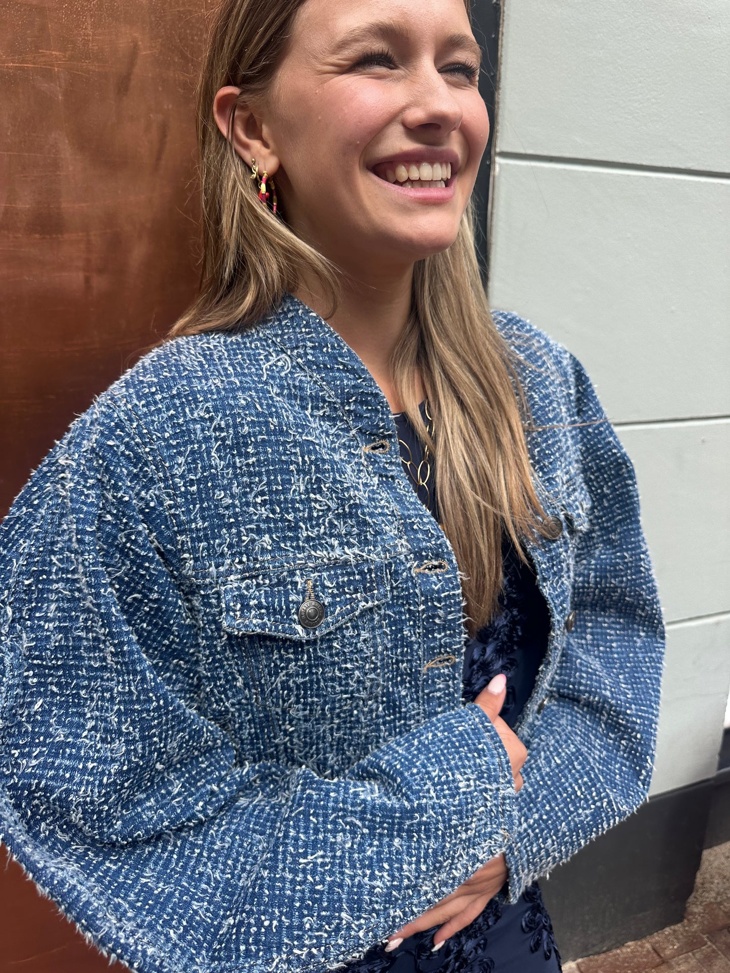 ROTATE ROUND SLEEVE DENIM JACKET - MEDIUM BLUE