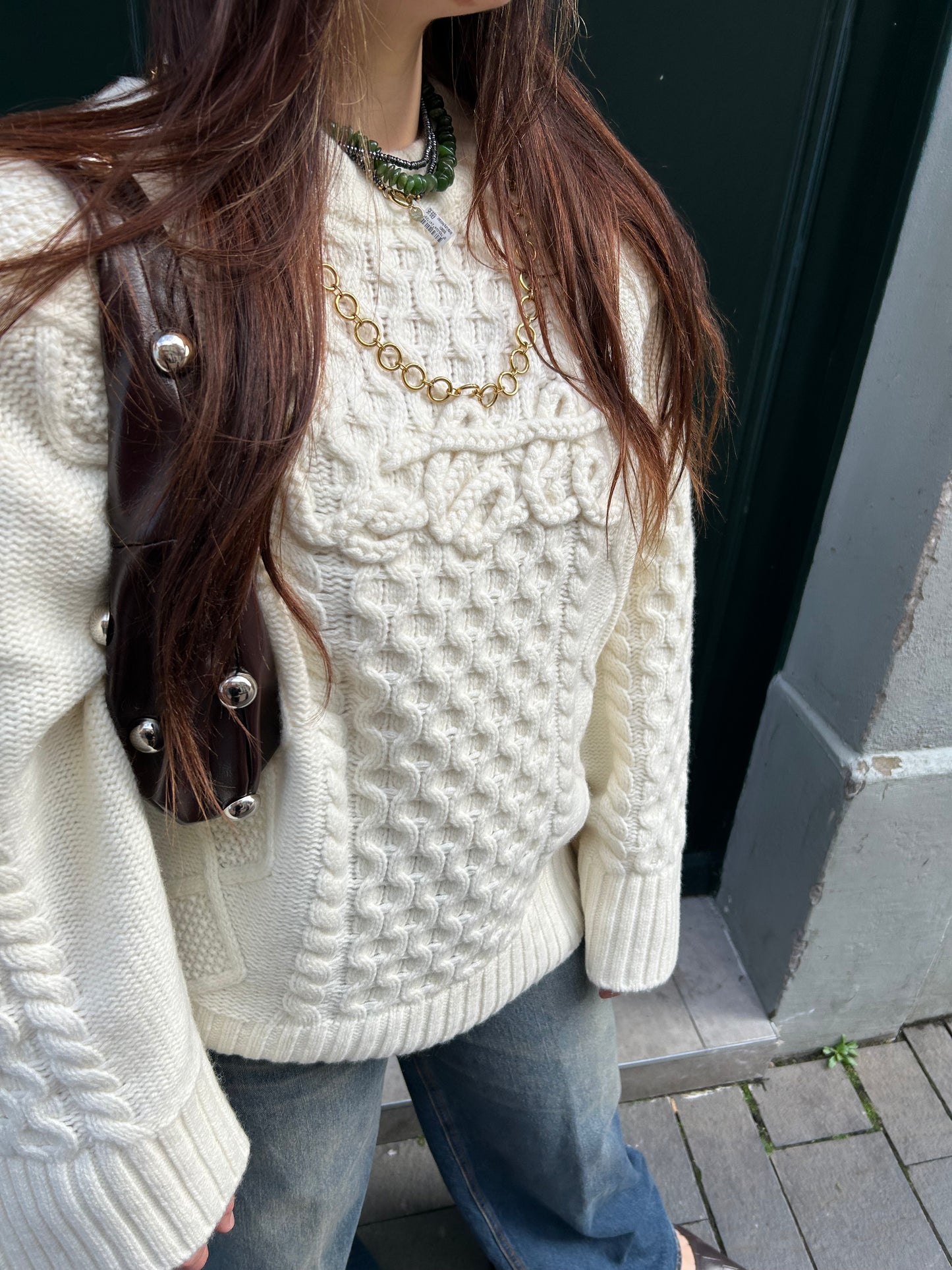 ROTATE KNIT CABLE CREWNECK WHITE