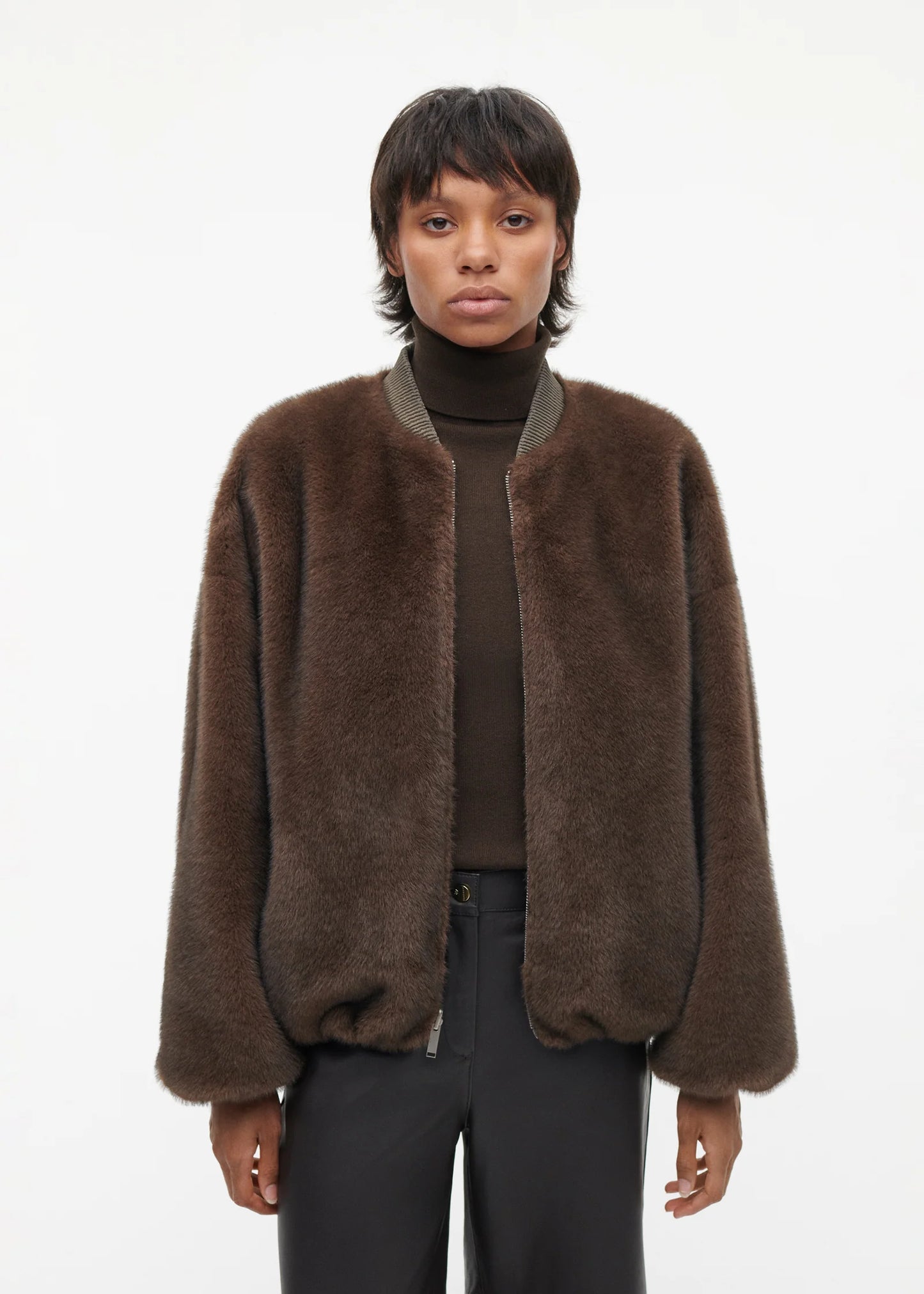 STUDIO AR ETTA FAUX FUR BOMBER JACKET CHOCO