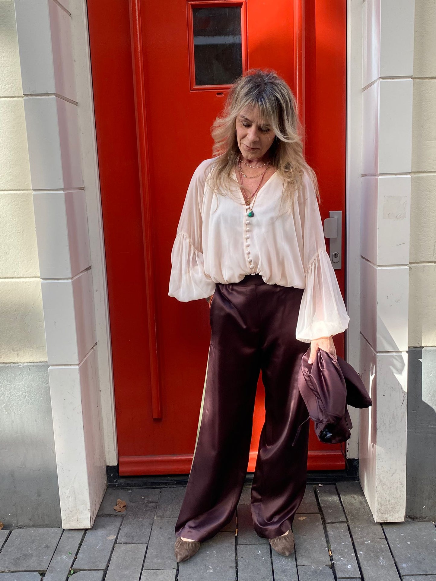 ROTATE CHIFFON V-NECK TOP VANILLA CREAM