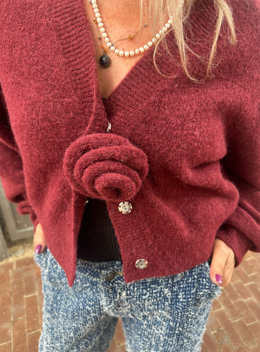 ROTATE KNIT PUFF SLEEVE CARDIGAN - BORDEAUX