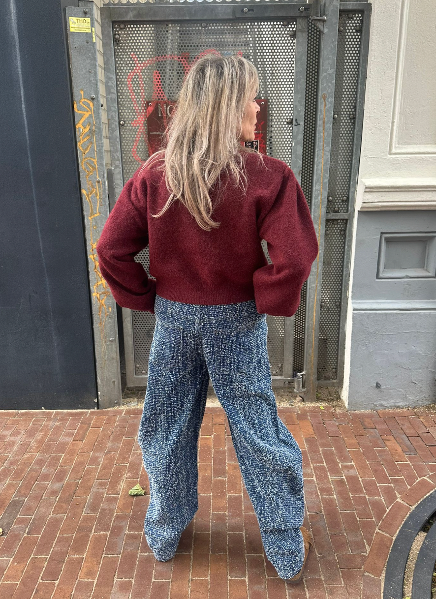 ROTATE KNIT PUFF SLEEVE CARDIGAN - BORDEAUX