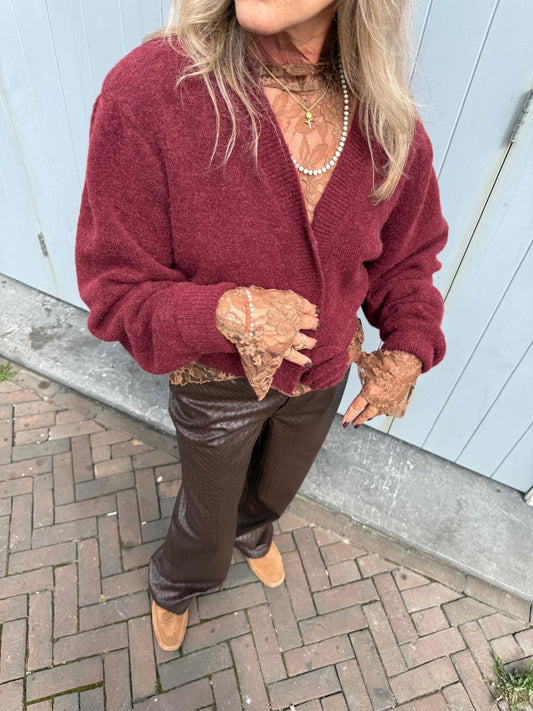 ROTATE KNIT PUFF SLEEVE CARDIGAN - BORDEAUX