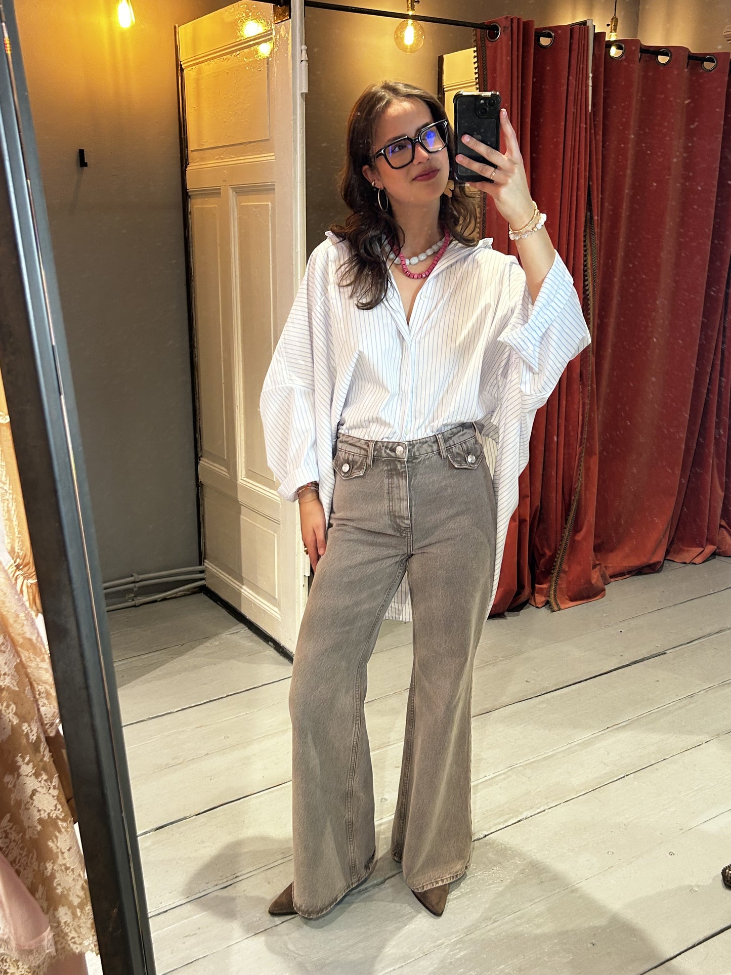 ROTATE FLARED HIGHWAISTED JEANS- DRIFTWOOD