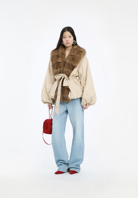 ROTATE FAUX FUR COLLAR JACKET - BEIGE