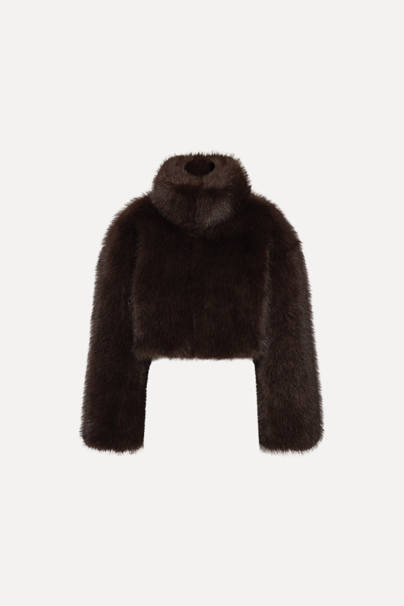 ROTATE FAUX FUR CROPPED JACKET DARK BROWN