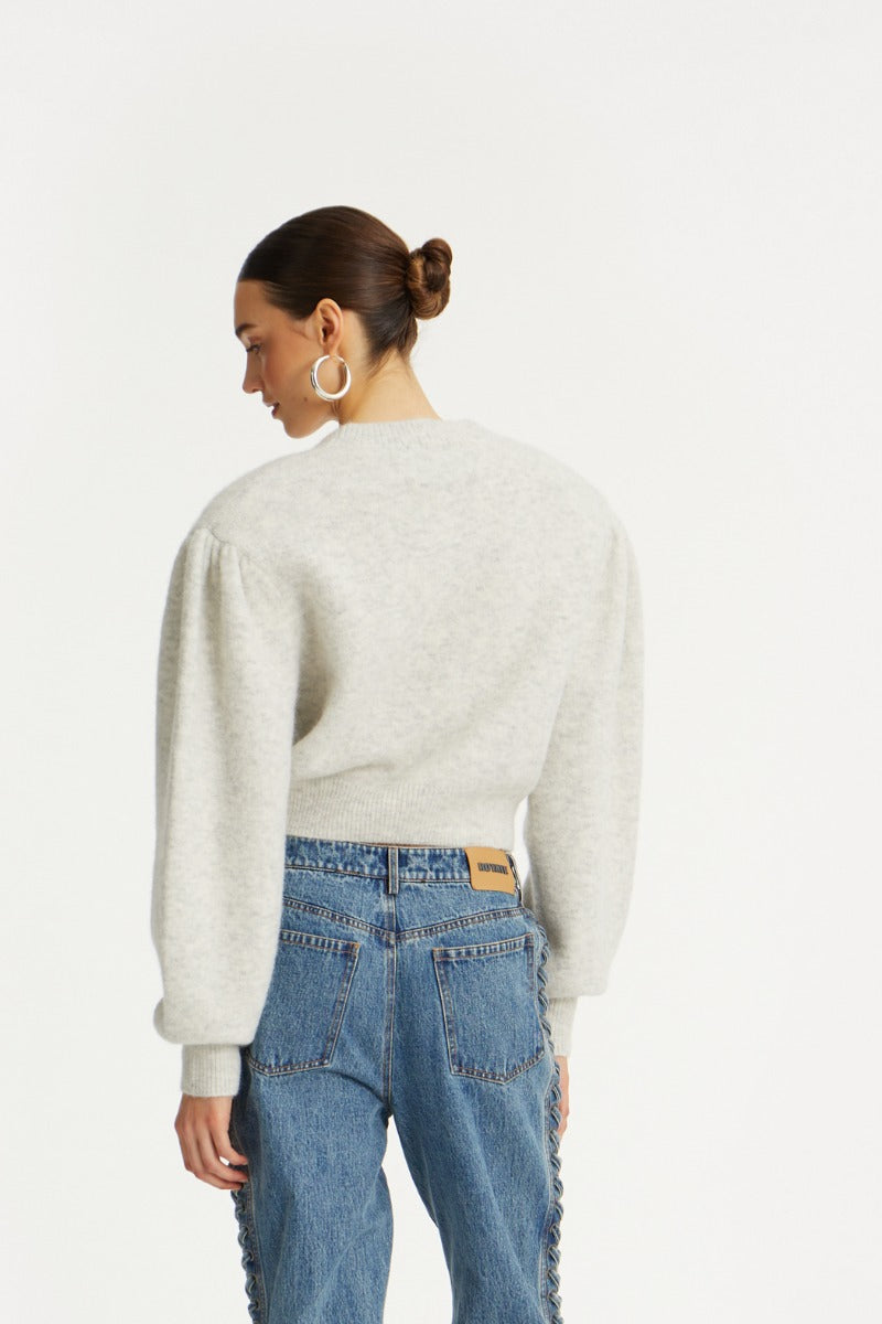 ROTATE KNIT PUFF SLEEVE CARDIGAN - LIGHT GREY