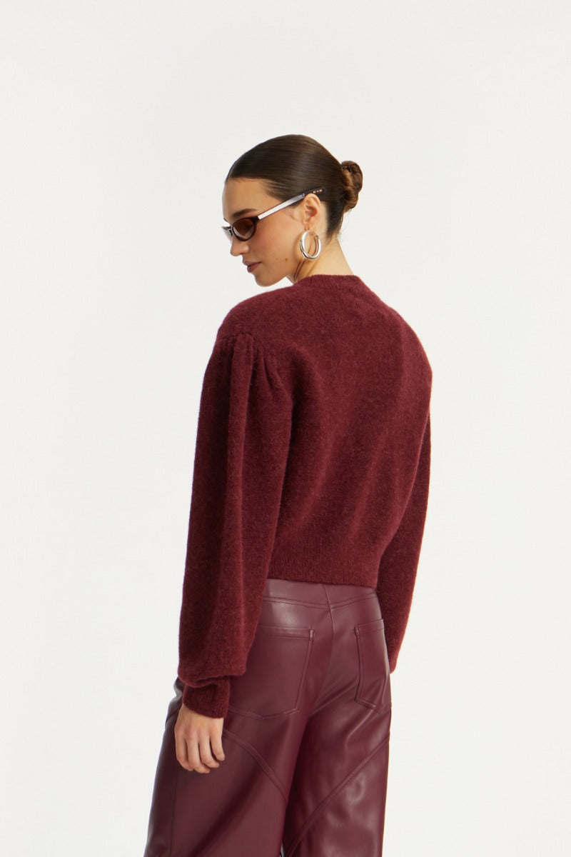 ROTATE KNIT PUFF SLEEVE CARDIGAN - BORDEAUX