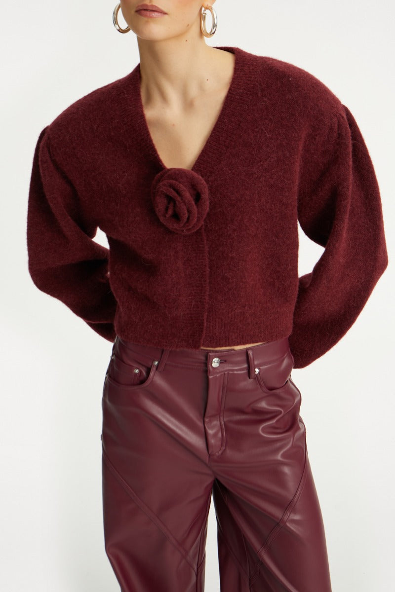 ROTATE KNIT PUFF SLEEVE CARDIGAN - BORDEAUX