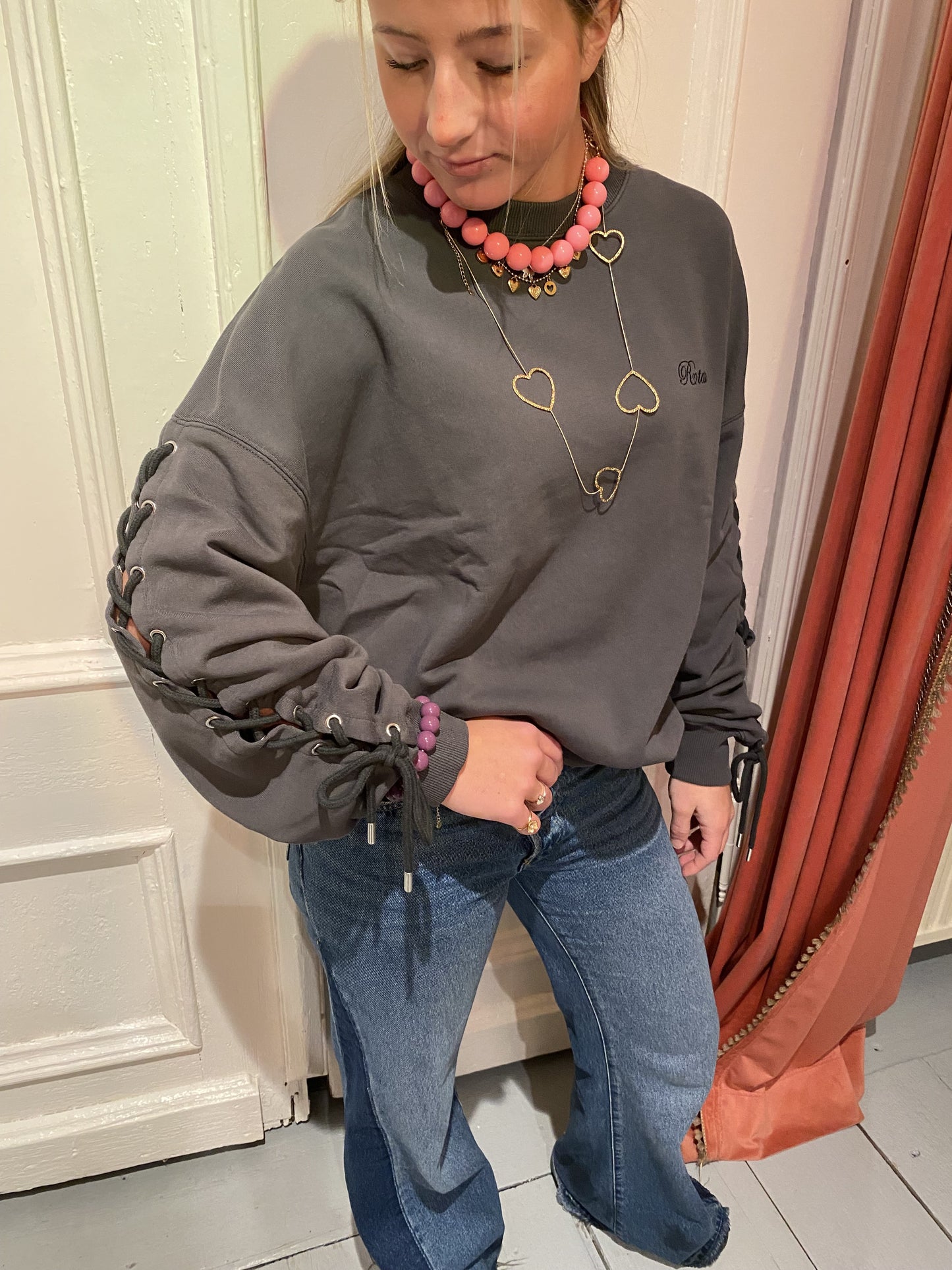 ROTATE LACING CREWNECK - SWEATER - GREY PINSTRIPE