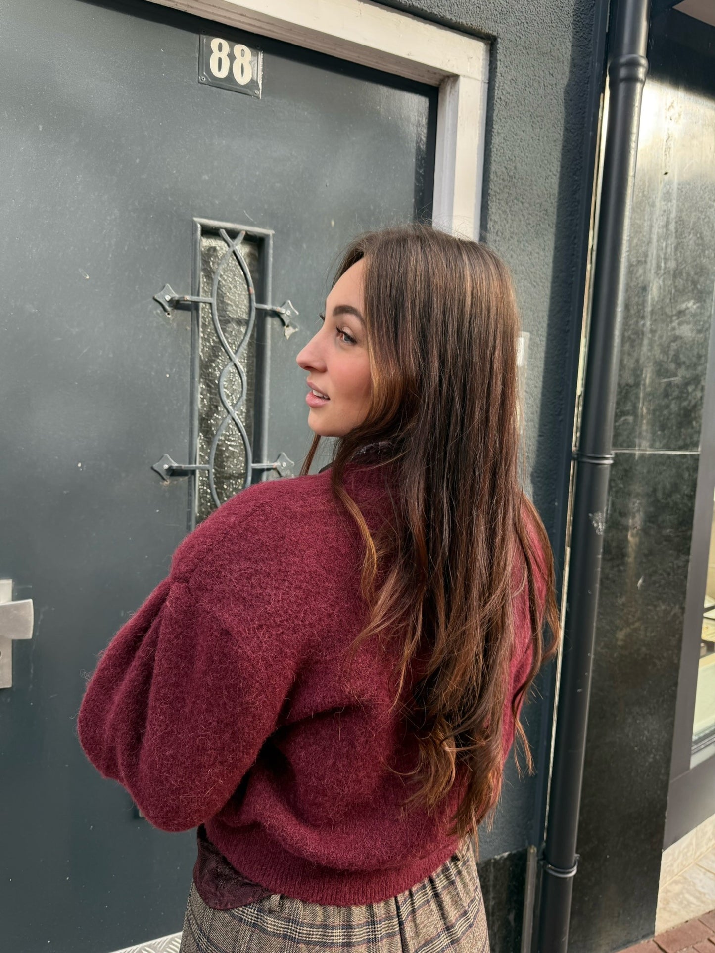 ROTATE KNIT PUFF SLEEVE CARDIGAN - BORDEAUX