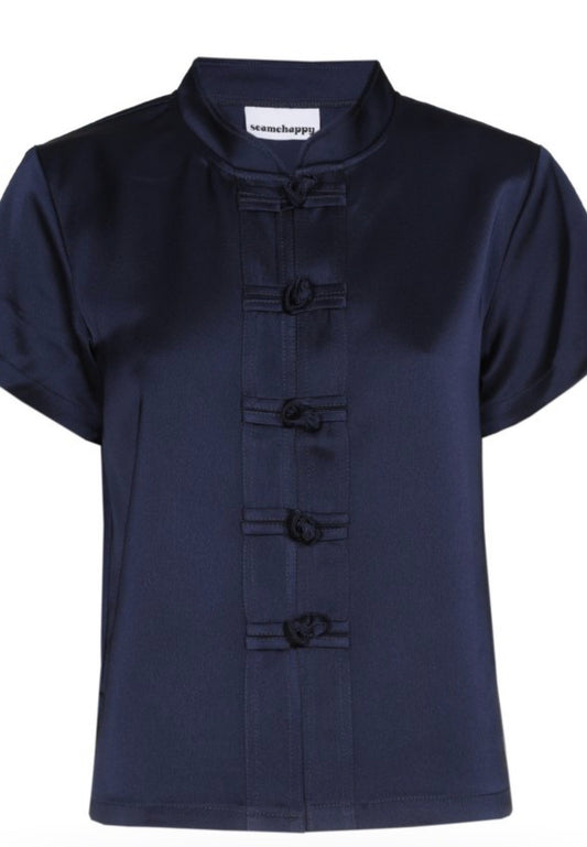 SEA ME HAPPY LOTUS TOP SATIN CREPE - NAVY